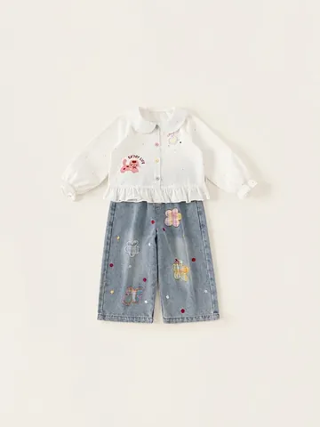 Set 2 Pezzi Bambina Camicia di Cotone e Pantaloni di Jeans Colletto Peter Pan Volant Camicia Bianca Jeans Fiori Cartone Animato Outfit Quotidiano