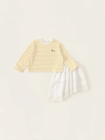 Girls Spring Yellow Striped Long Sleeve T-Shirt And White Layered Lace Skirt Two Piece Clothing Set Sweet Casual Outfits