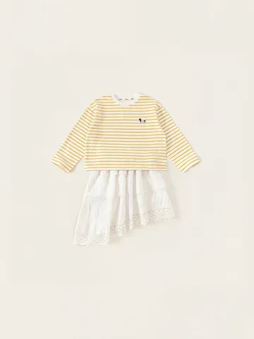 Girls Spring Yellow Striped Long Sleeve T-Shirt And White Layered Lace Skirt Two Piece Clothing Set Sweet Casual Outfits