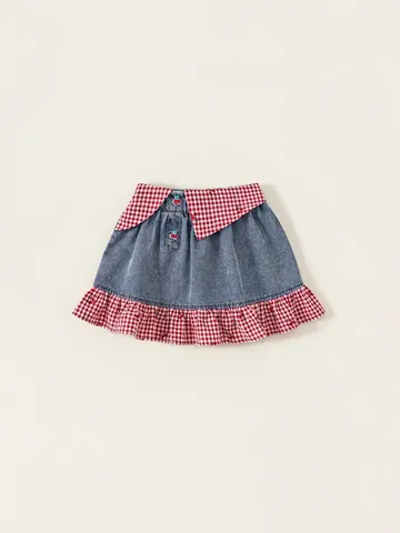 Gonna di Jeans Patchwork a Quadretti per Bambine Estate Orlo a Volant Decorazione Ciliegia Gonna Corta Casual Stile Pastorale