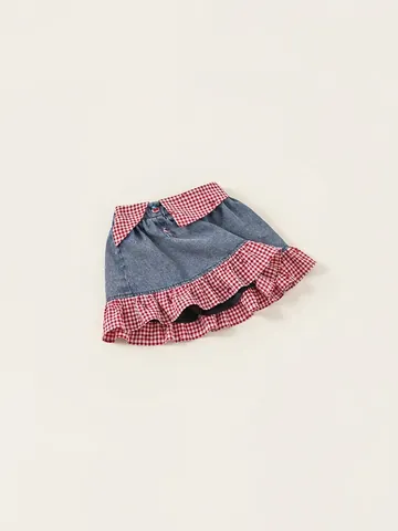 Gonna di Jeans Patchwork a Quadretti per Bambine Estate Orlo a Volant Decorazione Ciliegia Gonna Corta Casual Stile Pastorale
