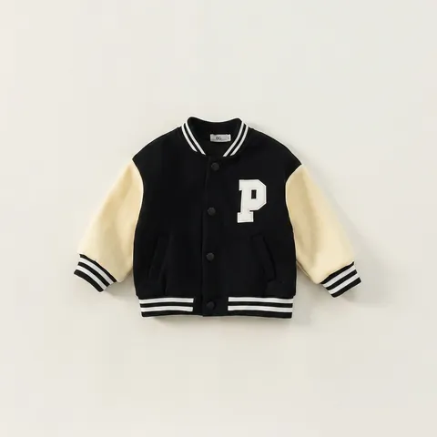 Giacca Varsity da Bambino in Color Block Con Ricamo Lettera P Cappotto da Baseball Casual Sportivo Con Bottoni a Pressione