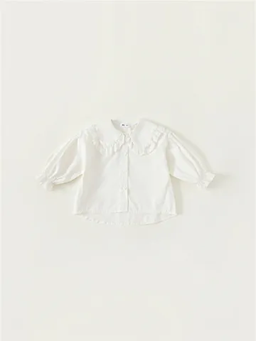 Camicia a Maniche Lunghe in Cotone per Ragazze Stile Coreano Colletto Peter Pan in Pizzo Camicetta Bianca Top per Bambine