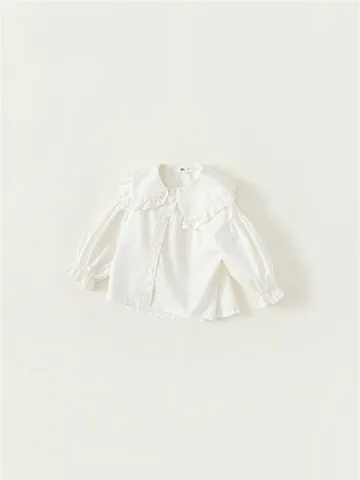 Camicia a Maniche Lunghe in Cotone per Ragazze Stile Coreano Colletto Peter Pan in Pizzo Camicetta Bianca Top per Bambine