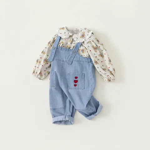 Meisjes Shirt Met Lange Mouwen En Denim Overalls Outfit Beer Hart Print Katoenen Kleding Voor Kinderen Herfst Casual