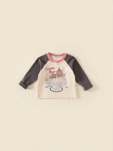 Mädchen Cartoon Bär Raglanärmel T-Shirt Koreanischer Stil Weich Bedruckt Lang Kurzarm Top Für Kinder Kleinkinder Kleidung