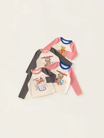 Mädchen Cartoon Bär Raglanärmel T-Shirt Koreanischer Stil Weich Bedruckt Lang Kurzarm Top Für Kinder Kleinkinder Kleidung