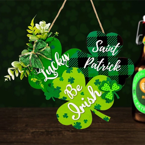 Panneau Suspendu en Bois Vert Saint-Patrick Décoration de Fête Irlandaise Trèfle Haut-de-Forme Porte Murale Suspendue