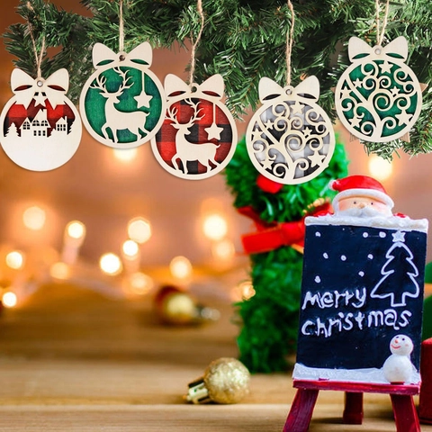 Christmas Wooden Hanging Ornaments Laser Cut Reindeer Tree House Pendant With Plaid Cloth Rustic Country Holiday Decor