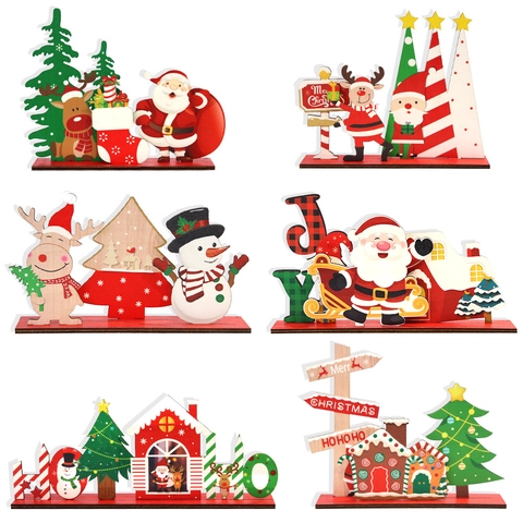 Wooden Christmas Tabletop Ornament Santa Claus Reindeer Snowman House Wooden Sign For Holiday Party Home Desktop Decoration