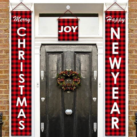 Ensemble de Bannières de Porche de Noël Buffalo Plaid en Tissu Oxford Décoration de Porte Drapeau Suspendu Merry Christmas