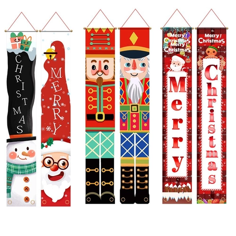 Merry Christmas Porch Banner Set Front Door Hanging Decorations Outdoor Indoor Buffalo Plaid Santa Claus Snowman Nutcracker Soldier Fabric Couplet