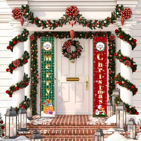 Merry Christmas Porch Banner Set Front Door Hanging Decorations Outdoor Indoor Buffalo Plaid Santa Claus Snowman Nutcracker Soldier Fabric Couplet