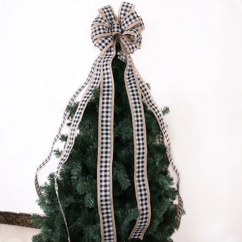 Large Christmas Tree Topper Bow Plaid Flocked Buffalo Plaid Bows With Long Streamers For Holiday Home Christmas Tree Decoration