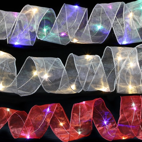 Christmas Tree Decoration LED Ribbon Lights Double Layer Organza Gold Silver Red Metallic Edge DIY Bow Xmas Party Decor