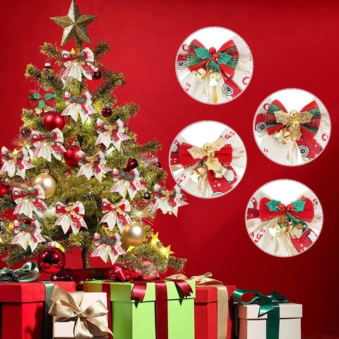 Fiocchi di Natale Con Campane in Tessuto di Lino a Quadri Stampati Fiocchi Decorativi per Albero di Natale Regalo Casa Festa