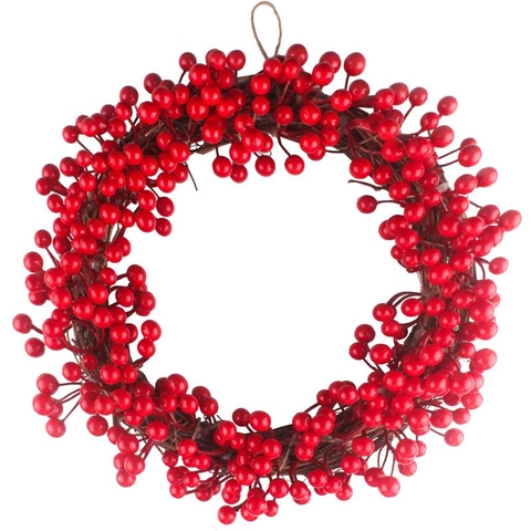 Ghirlanda Natalizia Artificiale con Bacche Rosse e Base in Vite di Legno Naturale per Decorazione Porta Parete Casa