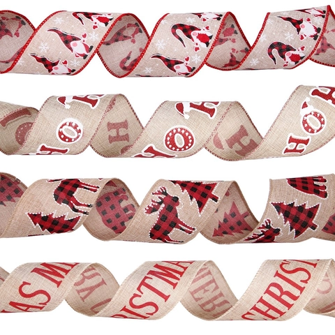 Christmas Decorative Ribbon Polyester Imitated Linen Printed Reindeer Pattern Wired Edge Ribbon For Xmas Tree DIY Bow Decoration