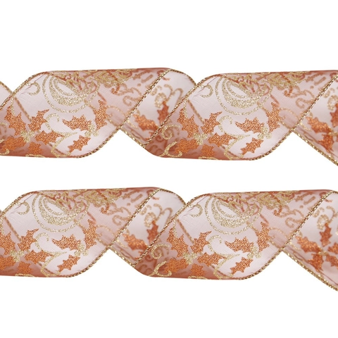 Christmas Decoration Ribbon Coffee Brown Bronzing Leaf Mesh Gauze Ribbon Letters Printed Transparent Fabric Gift Wrapping