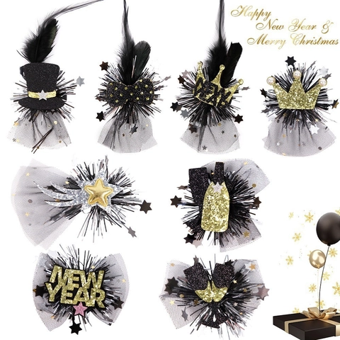 Neujahr Party Haarklammer Krone Weinglas Schleife Feder Netz Glitzer Dekorativer Kopfschmuck Für Damen Mädchen Weihnachten Accessoire