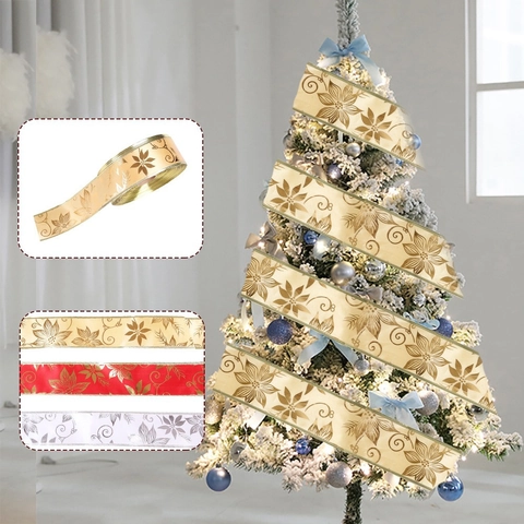 Weihnachtsdekoration Band Metallic Goldrand Satinband Pfingstrose Blumendruck Für Weihnachtsbaum Ornament Geschenkverpackung