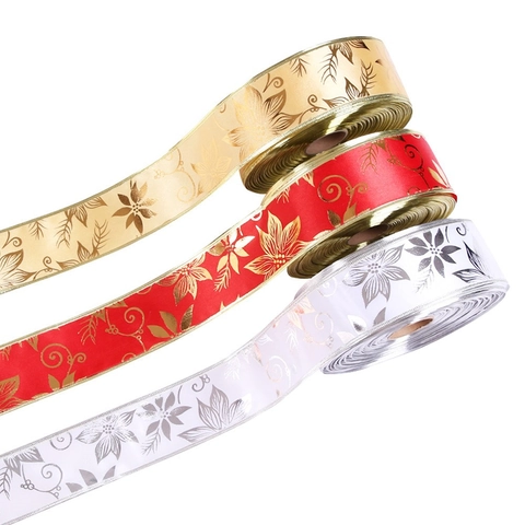 Weihnachtsdekoration Band Metallic Goldrand Satinband Pfingstrose Blumendruck Für Weihnachtsbaum Ornament Geschenkverpackung
