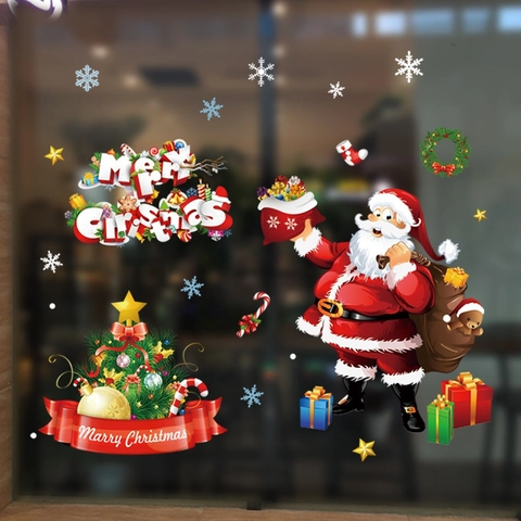 Merry Christmas Static Window Stickers Santa Claus Reindeer Snowflakes Printed PVC Decals For Home Shop Festival Decor