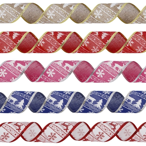 Nastro di Natale Imitazione Lino Stampato Fiocco di Neve Renna Albero di Natale Motivo Bordo Filo Metallico Nastro Decorativo per Feste Regalo Casa