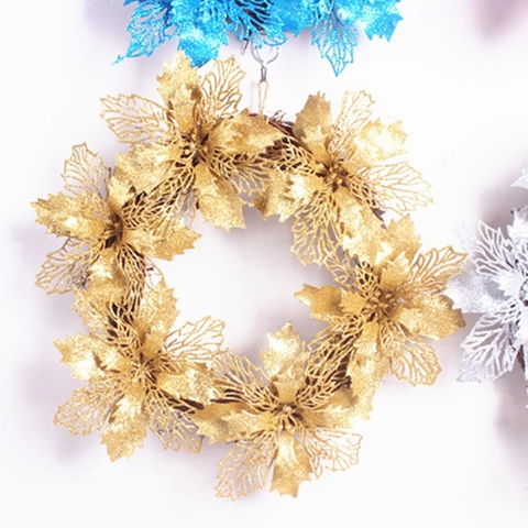 Luxury Christmas Poinsettia Wreath Glitter Hollow Out Artificial Flower Garland For Festival Home Door Wall Hanging Decoration