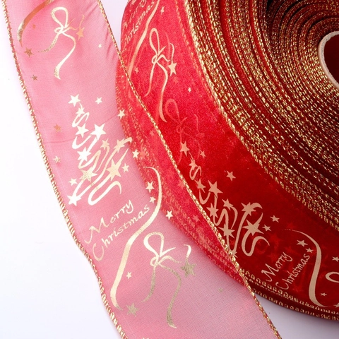 Nastro in Gaza con Stampa Bronzata Albero di Natale Lettere Merry Christmas Nastro di Tulle Rosso Bordo Oro Decorazione Regalo