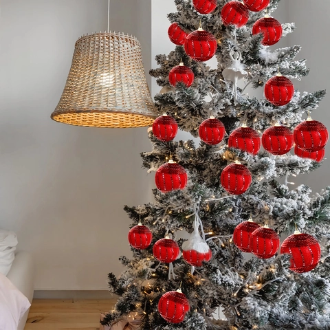 Palline di Natale a Righe con Paillettes Rosse in Plastica Glitterata Palline Appese per Decorazione Albero di Natale