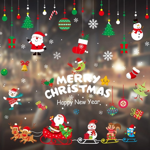 Christmas Window Static Sticker Santa Claus Reindeer Snowflake PVC Decal Removable Holiday Home Shop Window Decoration Clings