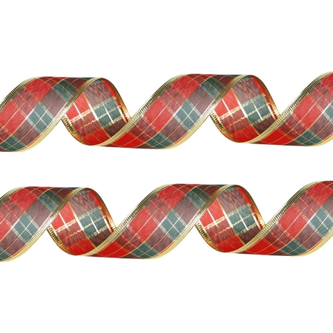 Ruban à Carreaux de Noël Avec Bord Métallique Doré Rouge Vert Écossais Ruban Décoratif pour Sapin de Noël DIY Décoration de Cadeau