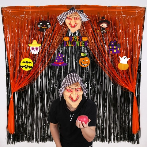 Set Decorazioni Sfondo Festa Halloween Tende Frangia Lamina Metallica Con Maschera Strega Fantasma Zucca Carte Carta