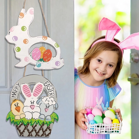 Targa Appesa in Legno di Pasqua Coniglio Uovo Carota Happy Easter Decorazioni per Porte per Feste Casa Parete Regalo Festivo