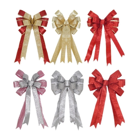 Large Christmas Tree Top Bow Hanging Ornament Glitter Polyester Ribbon Bowknot For Xmas Decoration Party Supplies Gift