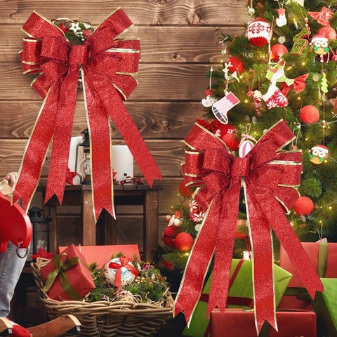 Large Christmas Tree Top Bow Hanging Ornament Glitter Polyester Ribbon Bowknot For Xmas Decoration Party Supplies Gift