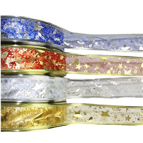 Cinta de Navidad 100 Yardas Estampado Oro Notas Musicales Estrellas Organza para Decoración Árbol Regalo Fiesta