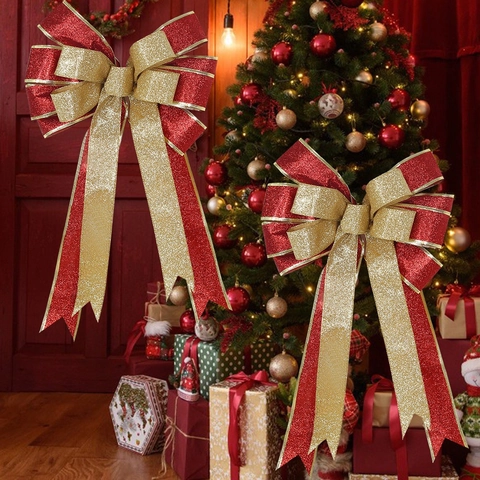 Grande Fiocco di Natale Glitterato Decorazione per Punta Albero Fiocco Scintillante in Tessuto per Scatola Regalo Ghirlanda Festa