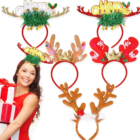 LED Leuchtend Weihnachten Geweih Haarreif Mit Merry Christmas Brief Pailletten Krone Schneeflocke Rentier Horn Haarreif Für Party