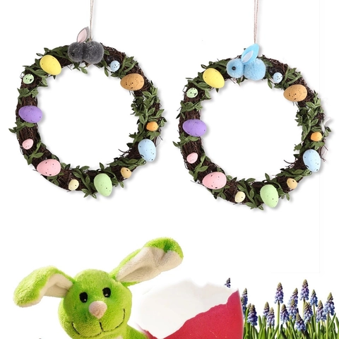 Easter Rattan Wreath With Colorful Spotted Eggs Simulated Leaves And Plush Rabbit For Holiday Party Home Door Decoration