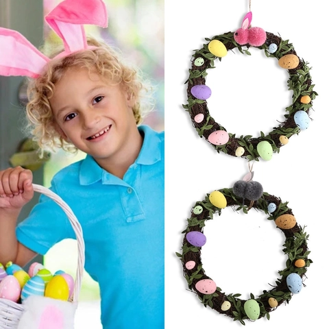 Easter Rattan Wreath With Colorful Spotted Eggs Simulated Leaves And Plush Rabbit For Holiday Party Home Door Decoration