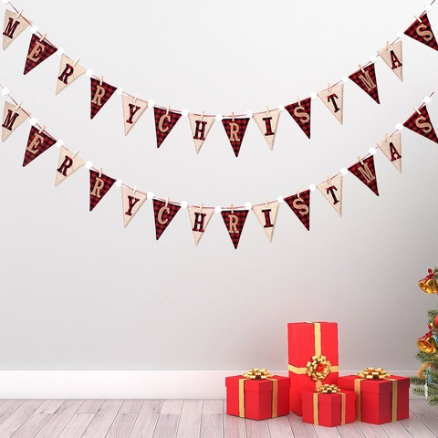 Rustikal Weihnachten Merry Christmas Banner Buffalo Plaid Sackleinen Girlande Handschuh Dreieck Flagge Hängedeko Für Haus Party Dekoration