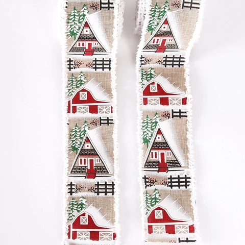 Vintage Christmas Ribbon Faux Burlap With Plush Edge Rural Cottage Snowy Spruce Print For Xmas Tree DIY Home Party Decor