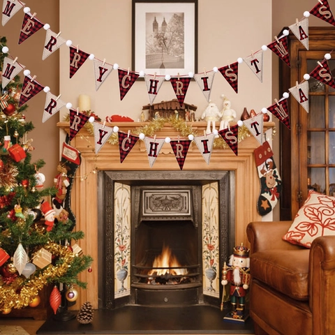 Rustikal Weihnachten Merry Christmas Banner Buffalo Plaid Sackleinen Girlande Handschuh Dreieck Flagge Hängedeko Für Haus Party Dekoration
