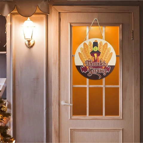 Targa Appesa in Legno per il Ringraziamento Autunno Raccolto Tacchino Zucca Foglia d'Acero Decorazione Porta Festa Casa Parete