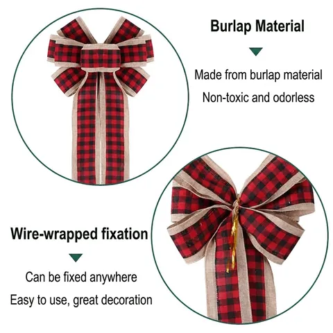 Große Weihnachten Buffalo Plaid Jute Schleife Ornamente Mit Rentier Weihnachtsbaum Muster Polyester Stoff Festive Hängende Dekoration Für Baum Tür Party Dekor