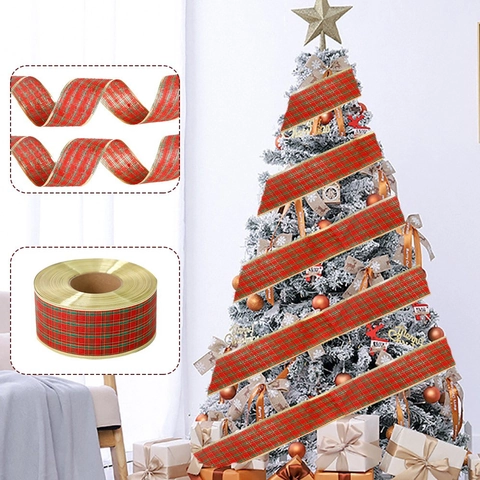 Ruban Écossais de Noël Bordure Métallique Dorée Rouge Vert Tartan Ruban pour Décoration Arbre de Noël Emballage Cadeau