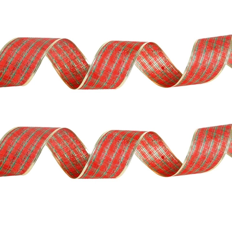 Ruban Écossais de Noël Bordure Métallique Dorée Rouge Vert Tartan Ruban pour Décoration Arbre de Noël Emballage Cadeau