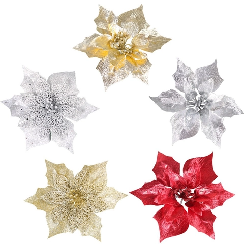 Künstliche Weihnachtsblumen Poinsettie Glitzer Hohl Design Ornamente Für Weihnachtsbaum DIY Party Heimdekoration Weihnachtsstern Blume